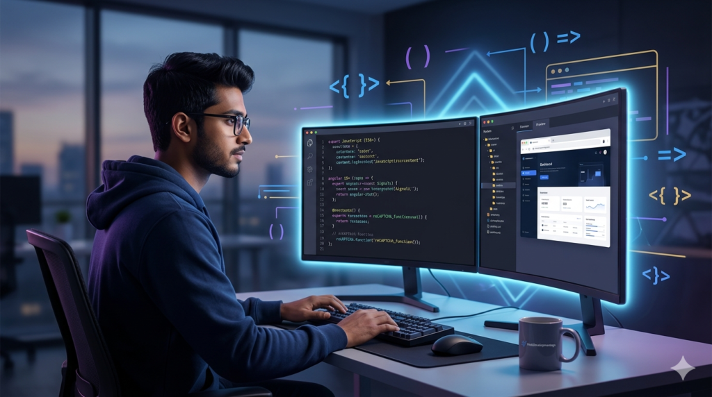 Professional developer working on Angular and JavaScript project architecture at a modern desk.